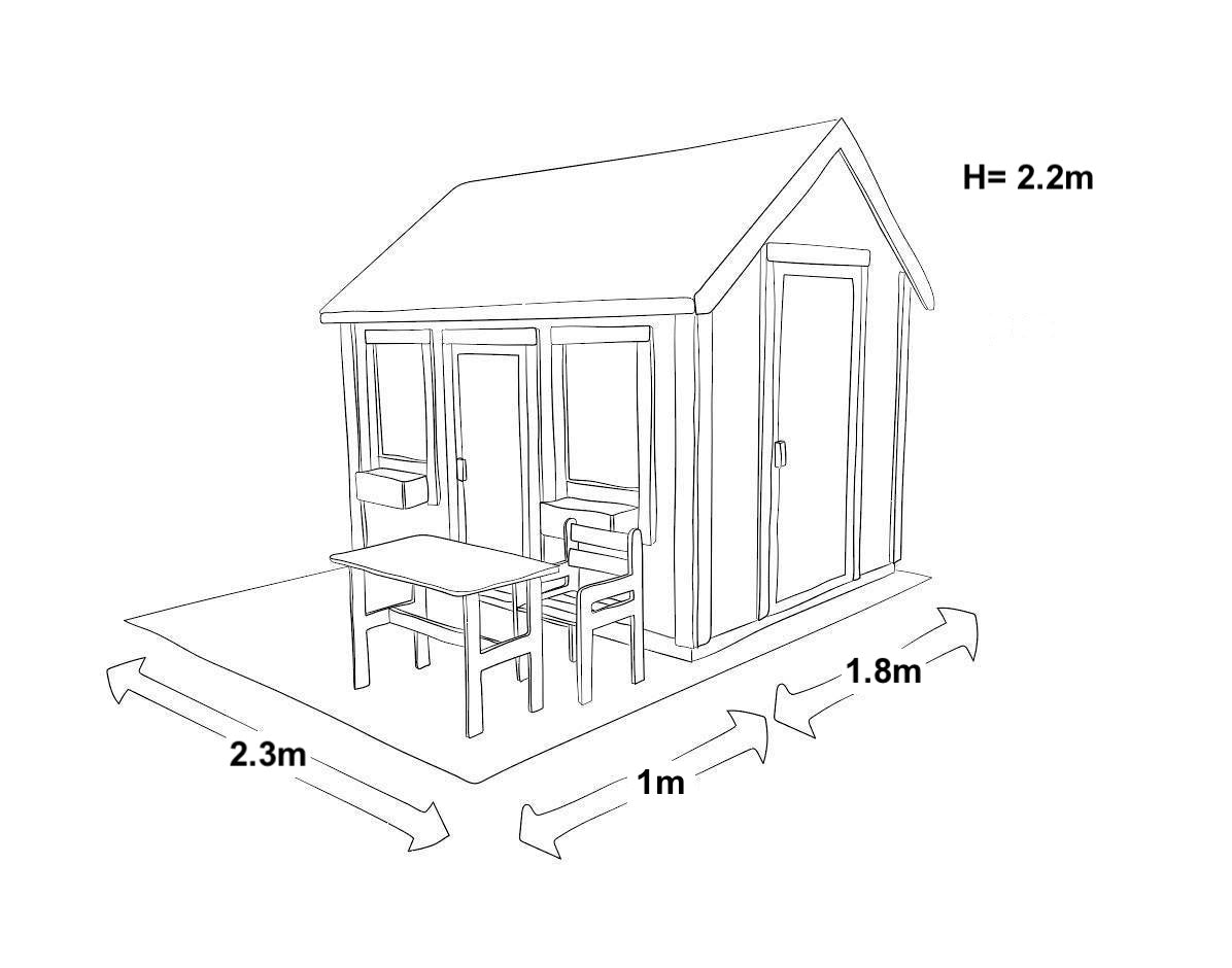 Black and white drawing of a playhouse with terrace with measurements by KidsPlayHouses_EU