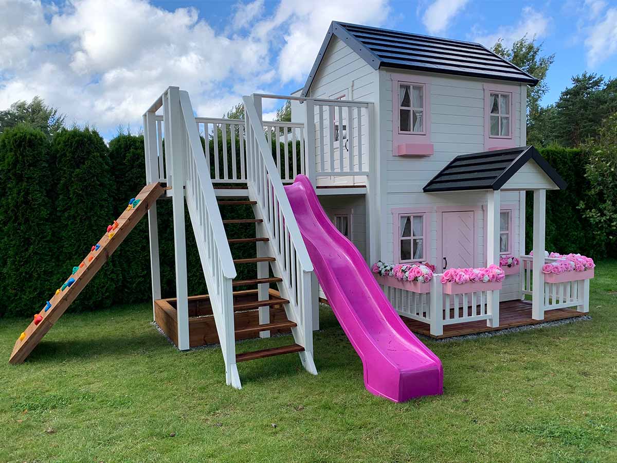 KidsPlayHouses_EU double all-wood kids playhouse Princess with slide, climbing wall and balcony