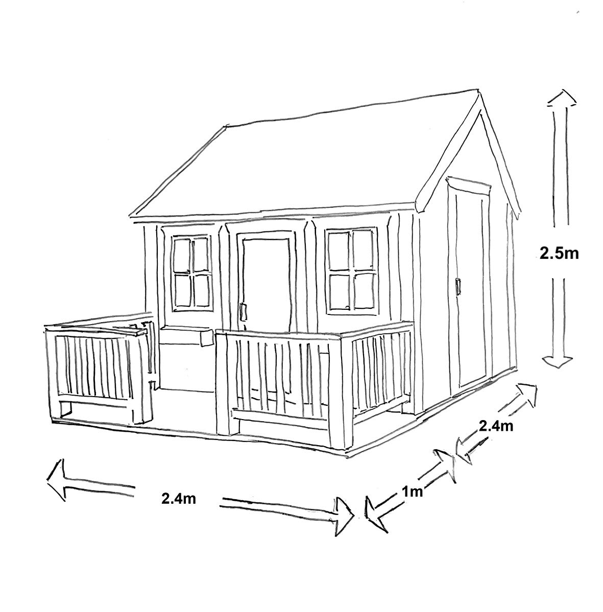 Line drawing of a wooden playhouse with terrace and railings, dimensions indicated.