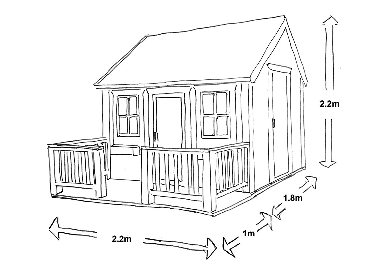 Line drawing of a 4m2 wooden playhouse with dimensions indicated.