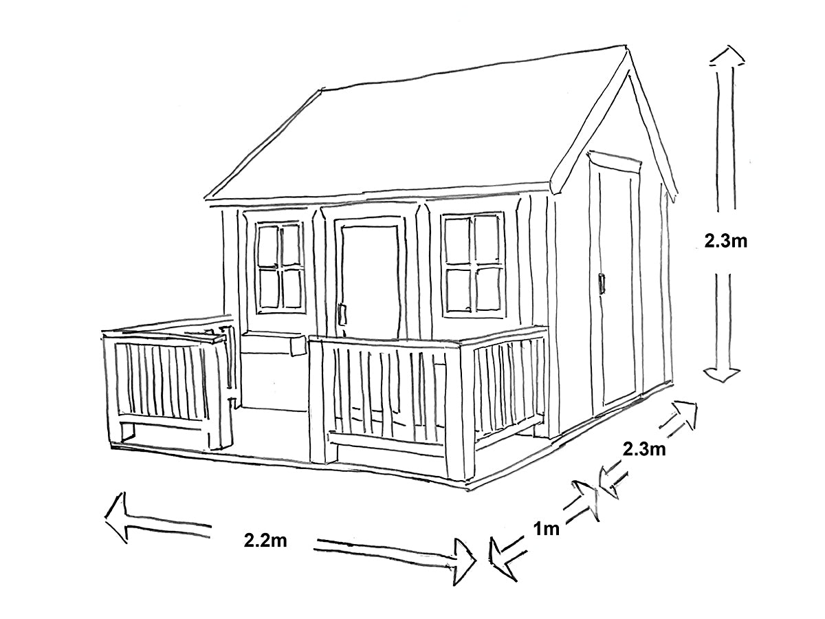 Line drawing of a wooden playhouse with dimensions indicated.