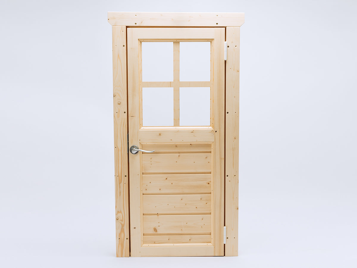 Wooden door with glass panel on a white background