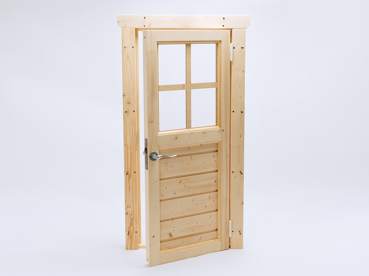 A wooden playhouse door, slightly open, with glass panels against a white background by KidsPlayhousesEU