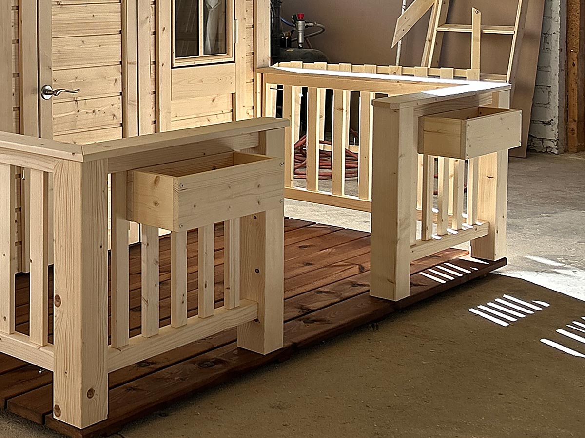 Natural Wooden Playhouse with Railings and Flower Boxes by KidsPlayhousesEU