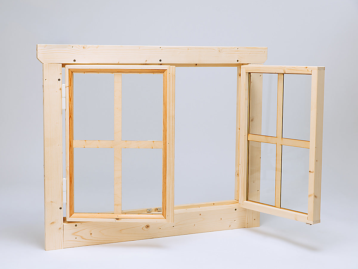 Wooden window frame with two open sections on a light gray background