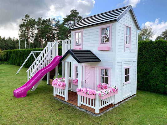KidsPlayHouses_EU double solid wood kids playhouse Princess with slide and balcony