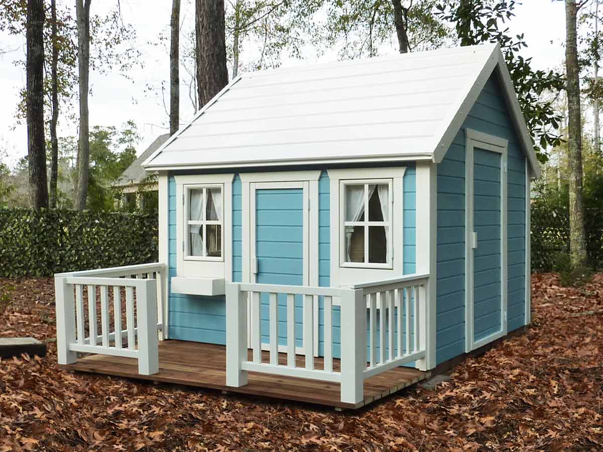 KidsPlayHouses_EU Solid wood play house for kids Bluebird with white roof and flower boxes in garden